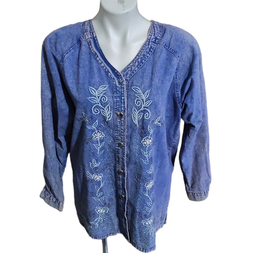 Vintage Patch Denim shirt Blue Size L •When life gives you scraps.make a quilt - Picture 2 of 12